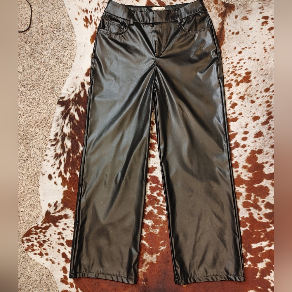 TEA & CUP "AVA" FAUX LEATHER WIDE LEG PANT, BLACK L